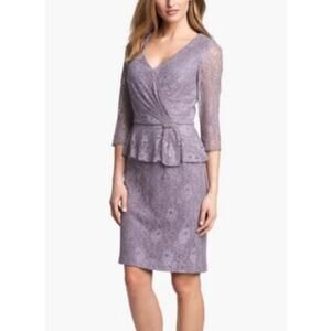 Patra Purple Lavender Lace 3/4 Sleeve V-Neck Peplum Knee Length Lined Dress 16
